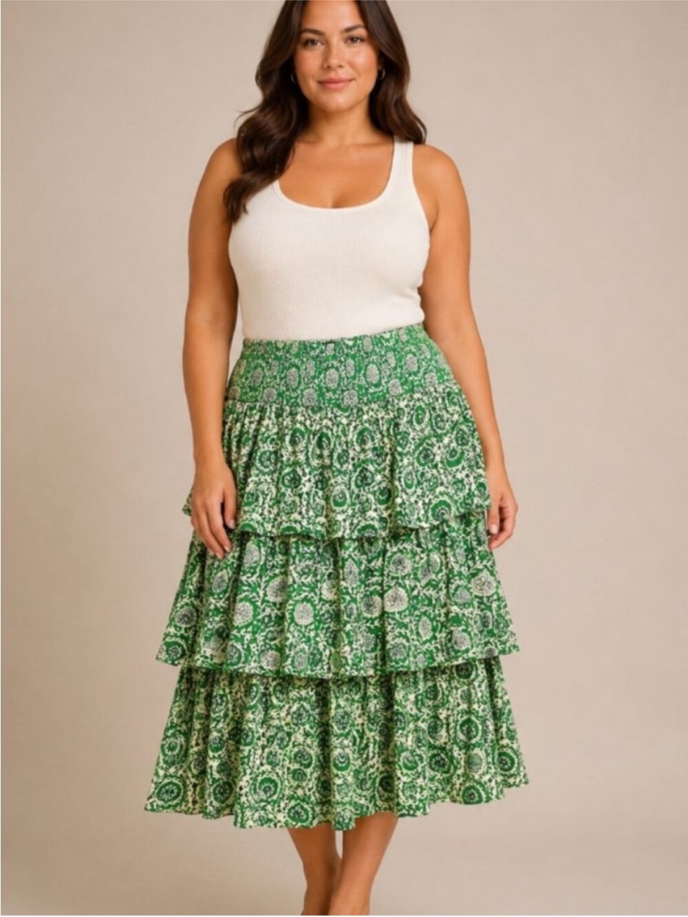 House Of Harlow 1960 100% Cotton Green Floral Tiered Skirt sz M Boho cottagecore